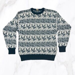 The Shetland Collection Green/White 100% Pure New Wool Reindeer Crewneck, Size M